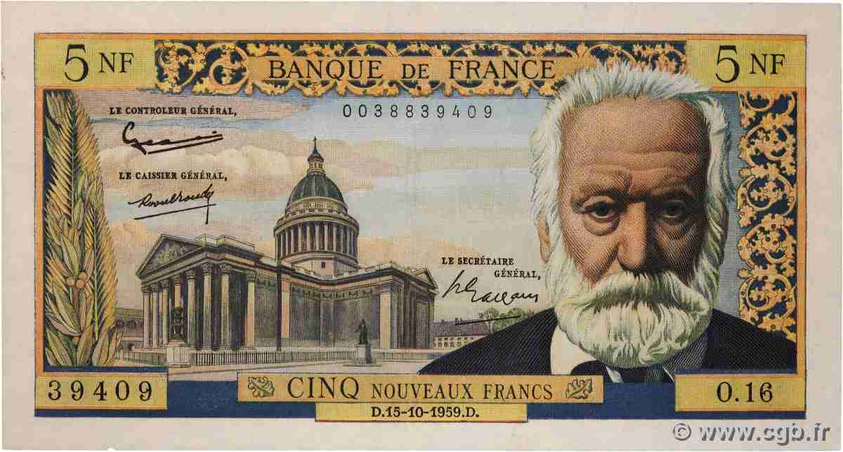 5 Nouveaux Francs VICTOR HUGO FRANCE 1959 F.56.03 TTB+