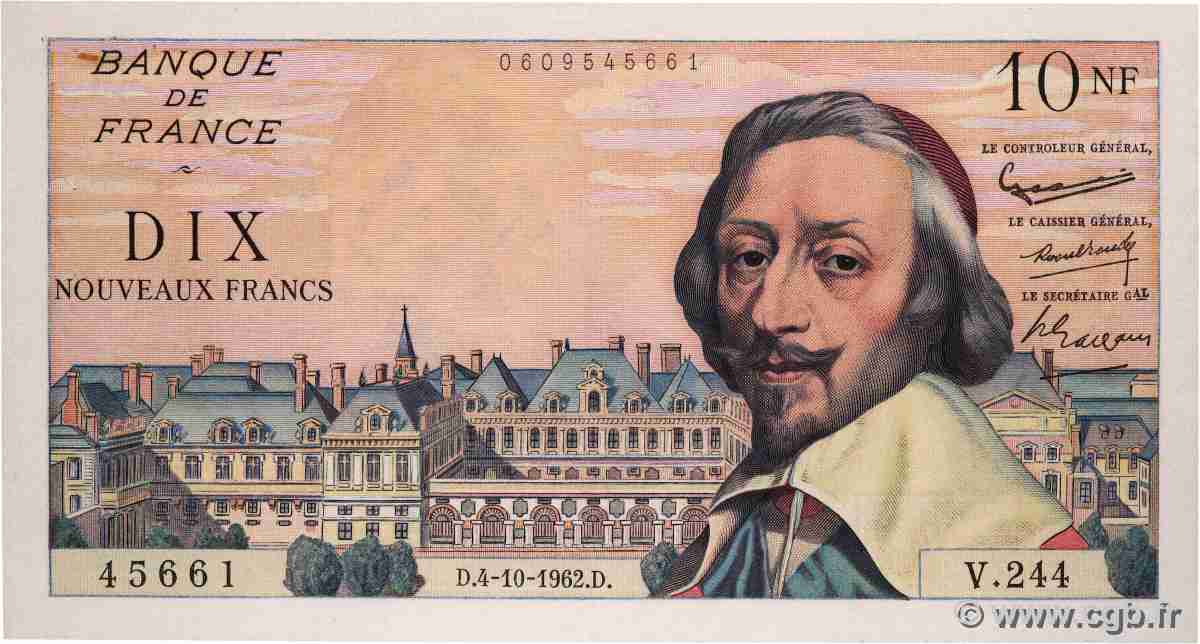 10 Nouveaux Francs RICHELIEU FRANCE 1962 F.57.21 XF