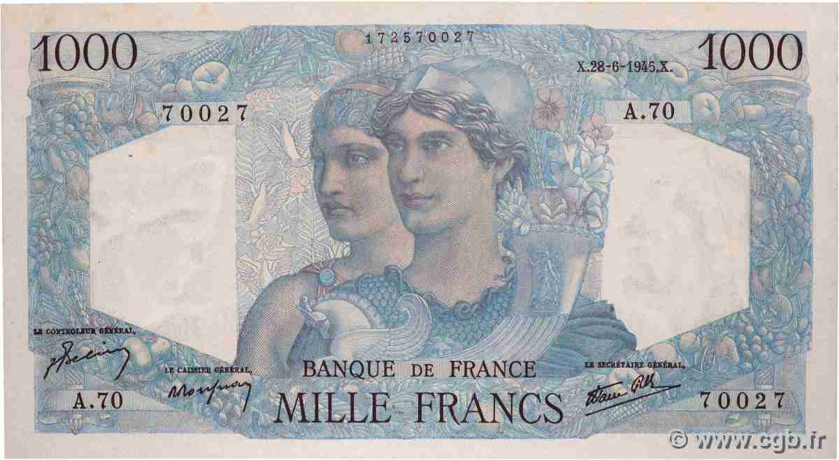 1000 Francs MINERVE ET HERCULE FRANCE 1945 F.41.05 AU-