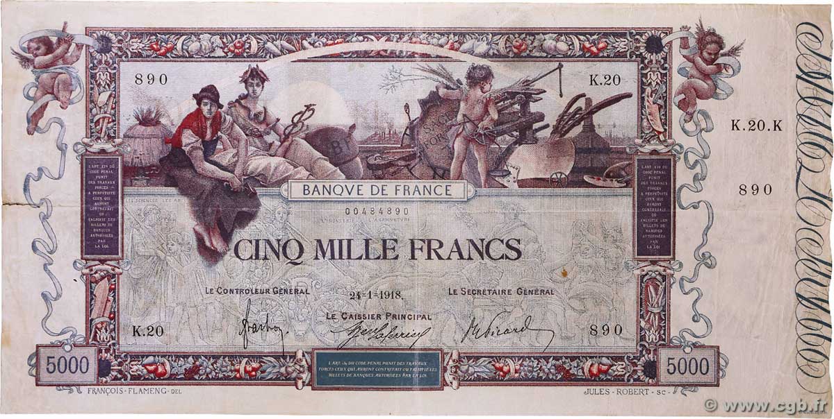 5000 Francs FLAMENG FRANCE 1918 F.43.01 F+