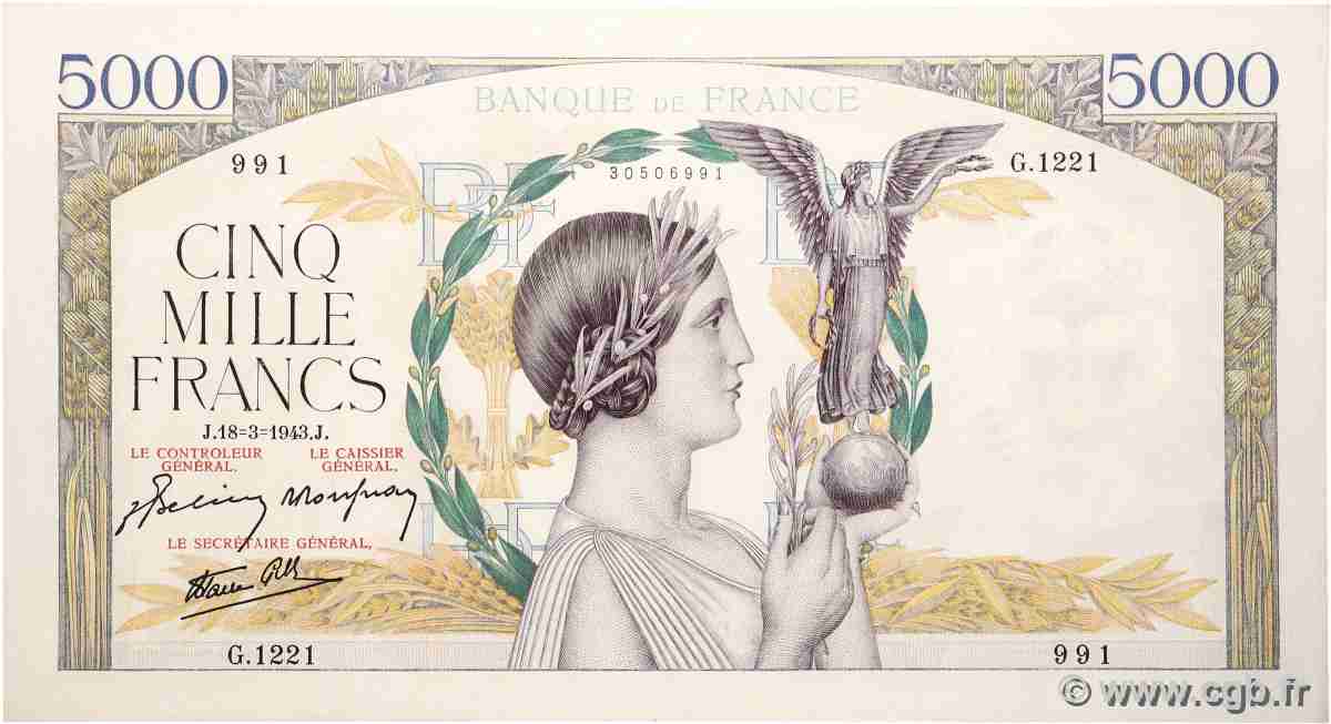 5000 Francs VICTOIRE Impression à plat FRANCE 1943 F.46.49 SUP