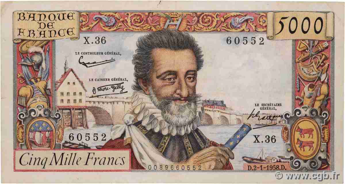 5000 Francs HENRI IV FRANCE 1958 F.49.05 TB