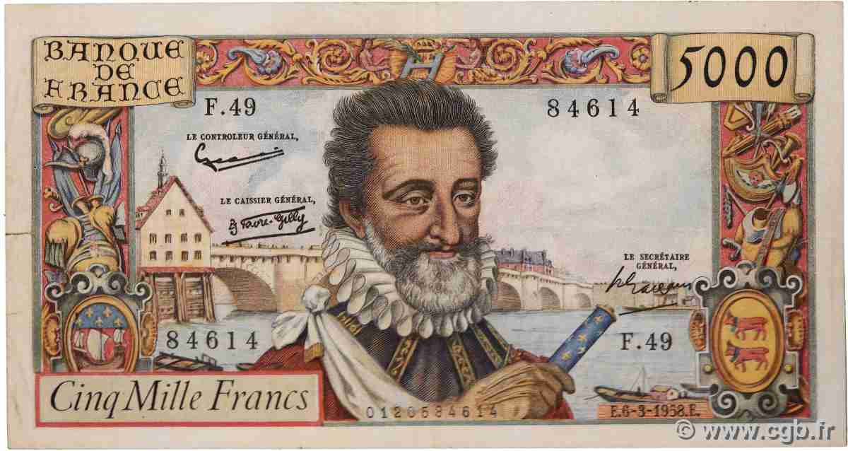 5000 Francs HENRI IV FRANCE 1958 F.49.06 TB