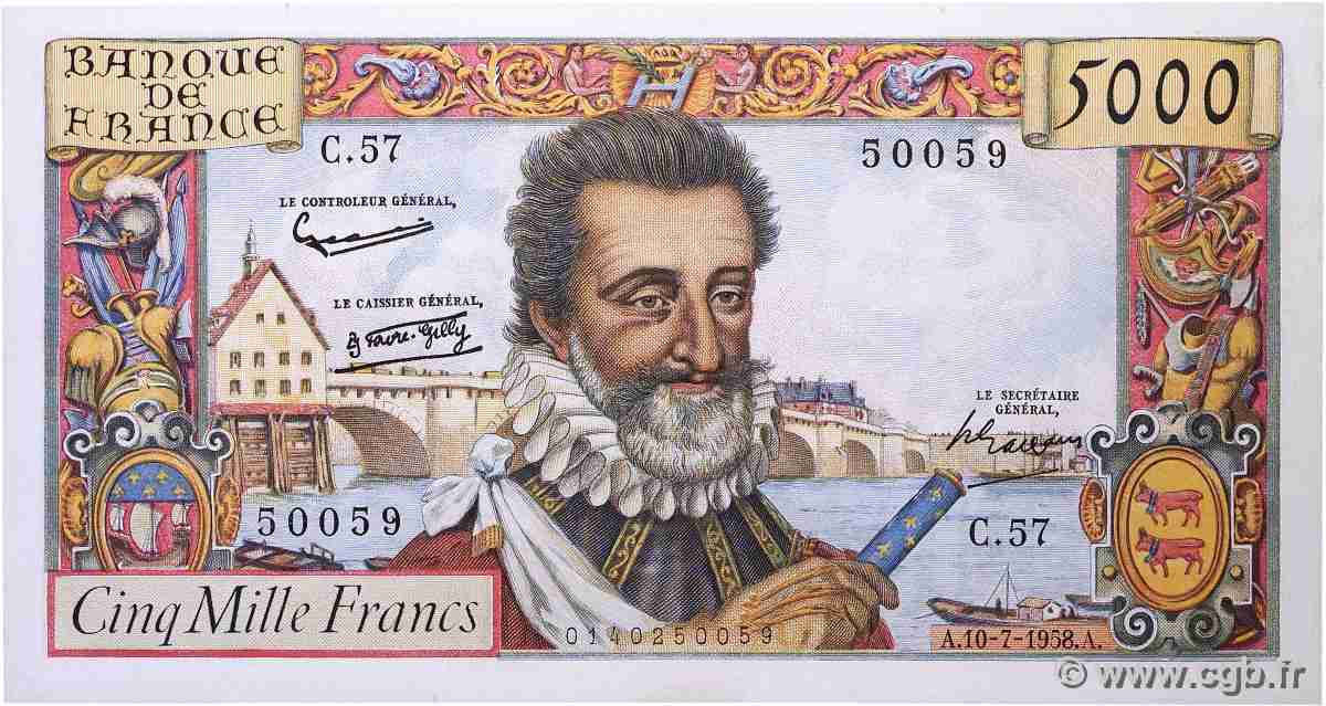 5000 Francs HENRI IV FRANCE 1958 F.49.07 TTB+