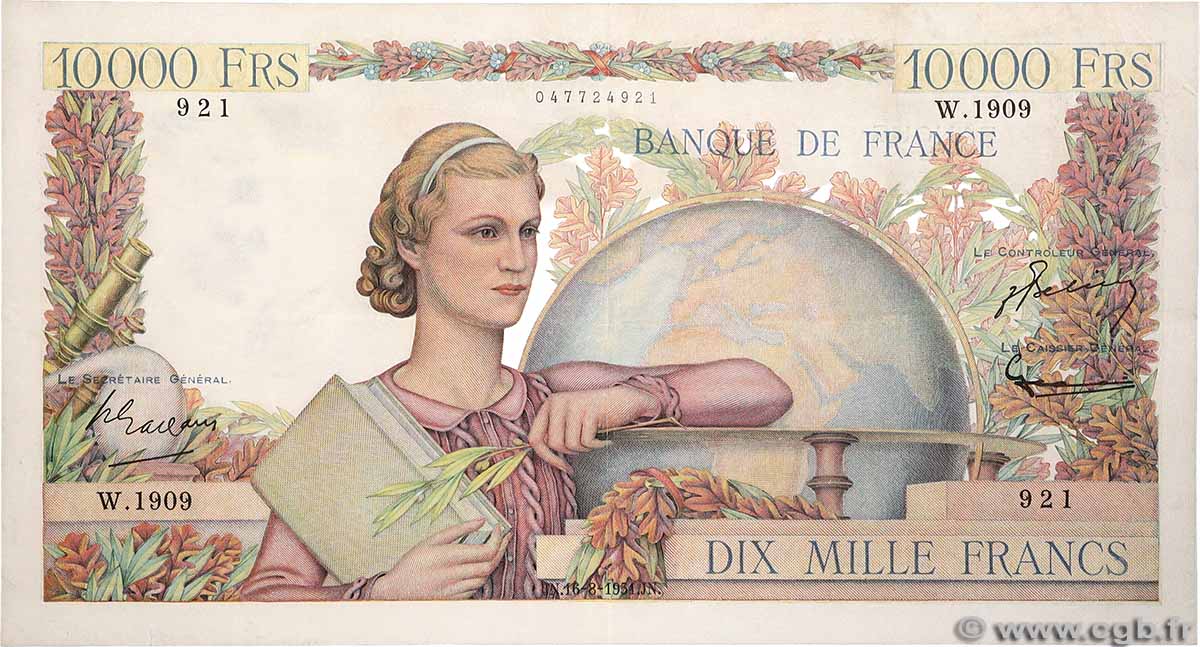 10000 Francs GÉNIE FRANÇAIS FRANCIA 1951 F.50.53 BB