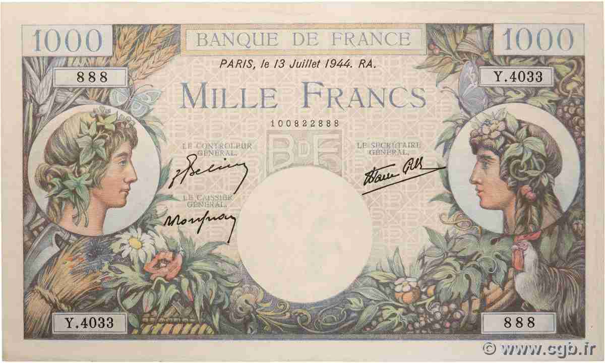 1000 Francs COMMERCE ET INDUSTRIE Numéro spécial FRANCE 1944 F.39.11 SUP