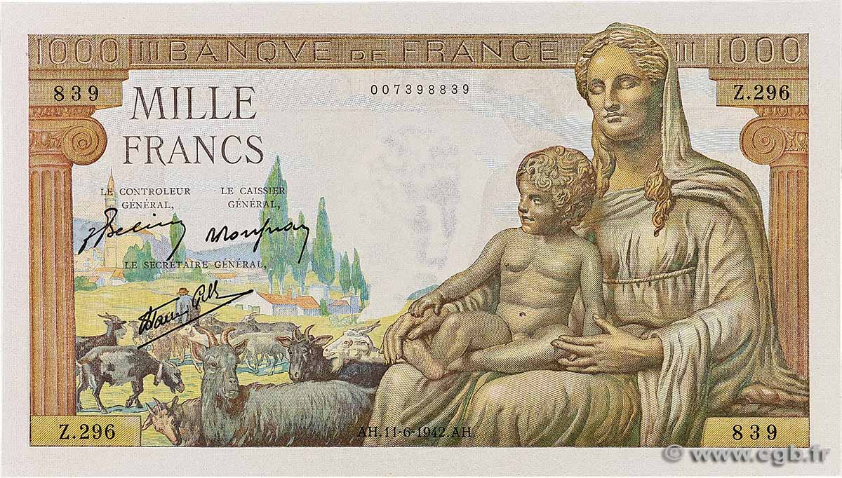 1000 Francs DÉESSE DÉMÉTER FRANCE 1942 F.40.02 UNC-