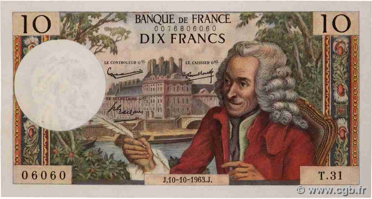 10 Francs VOLTAIRE Numéro radar FRANCE 1963 F.62.04 SPL