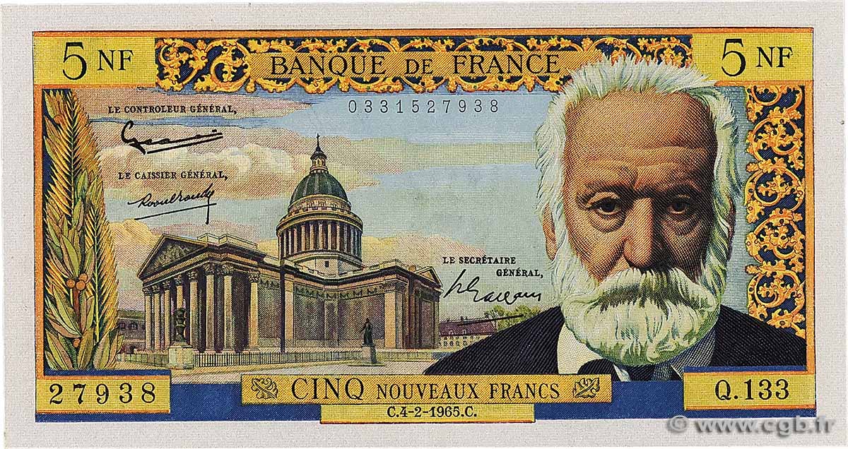 5 Nouveaux Francs VICTOR HUGO FRANCE 1965 F.56.17 AU-
