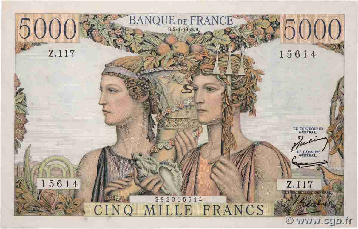 5000 Francs TERRE ET MER FRANCE 1953 F.48.08 VF
