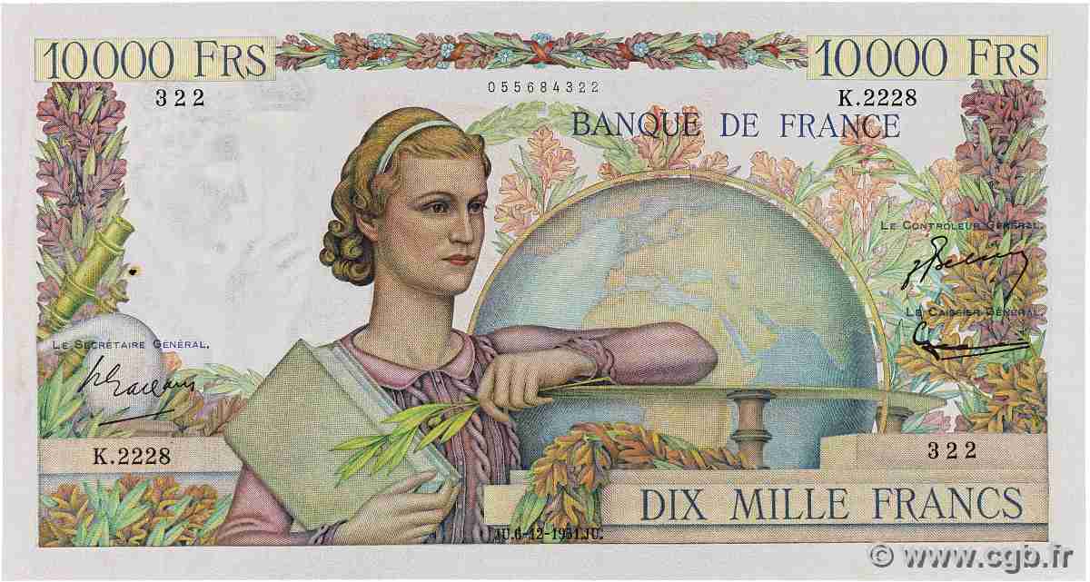 10000 Francs GÉNIE FRANÇAIS FRANCE 1951 F.50.55 VF