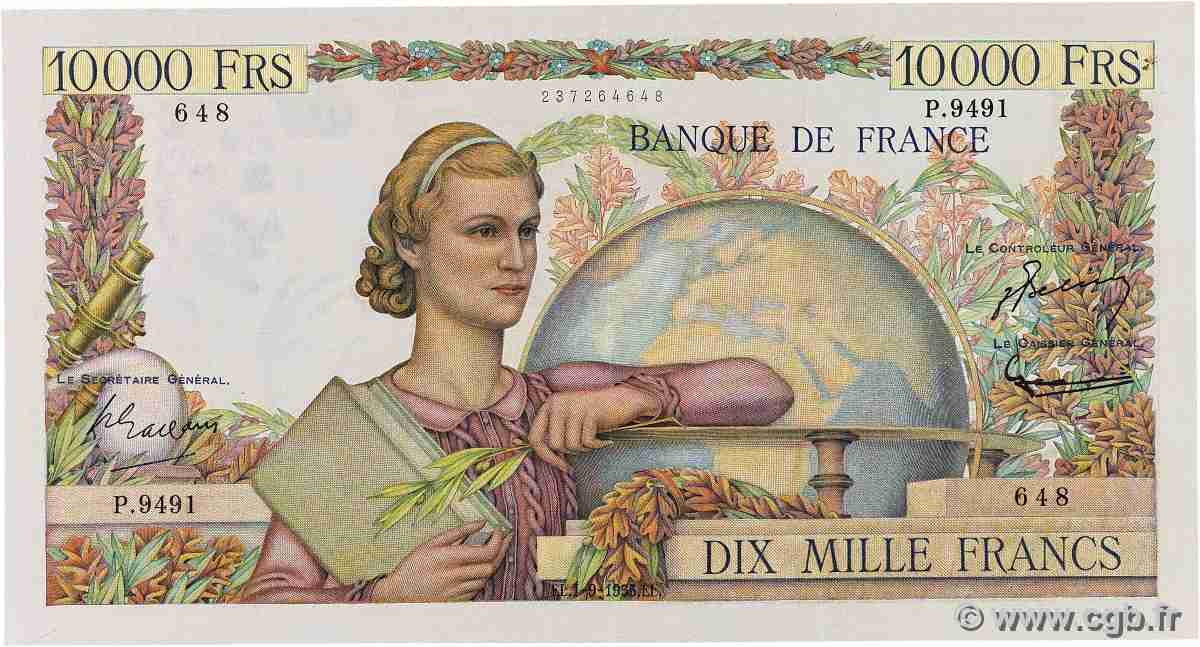 10000 Francs GÉNIE FRANÇAIS FRANCE 1955 F.50.76 VF