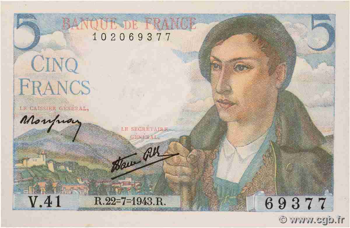 5 Francs BERGER FRANCE 1943 F.05.02 NEUF