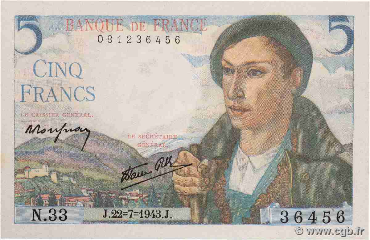 5 Francs BERGER FRANCE 1943 F.05.02 pr.NEUF