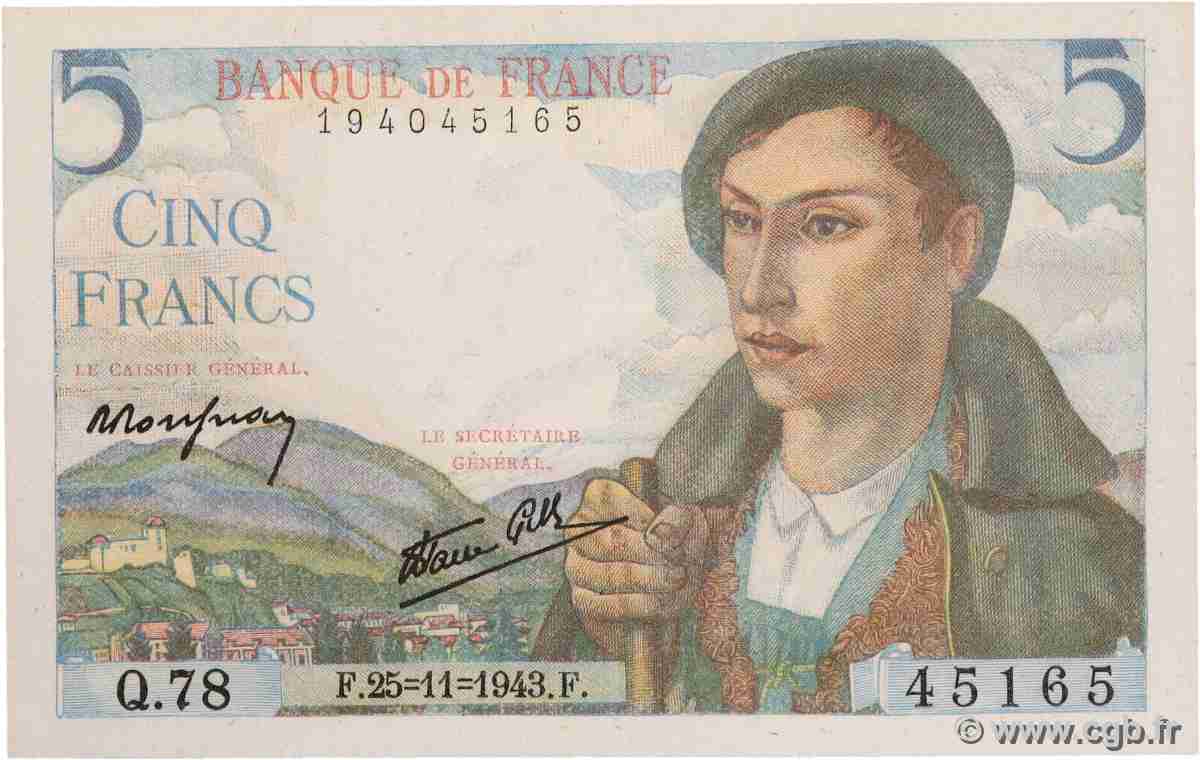5 Francs BERGER FRANCE 1943 F.05.04 NEUF