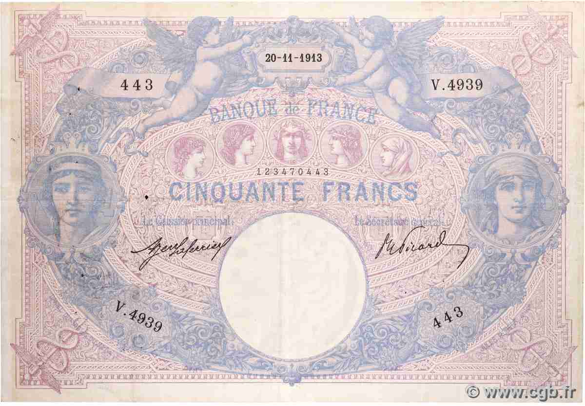 50 Francs BLEU ET ROSE FRANCE 1913 F.14.26 F+