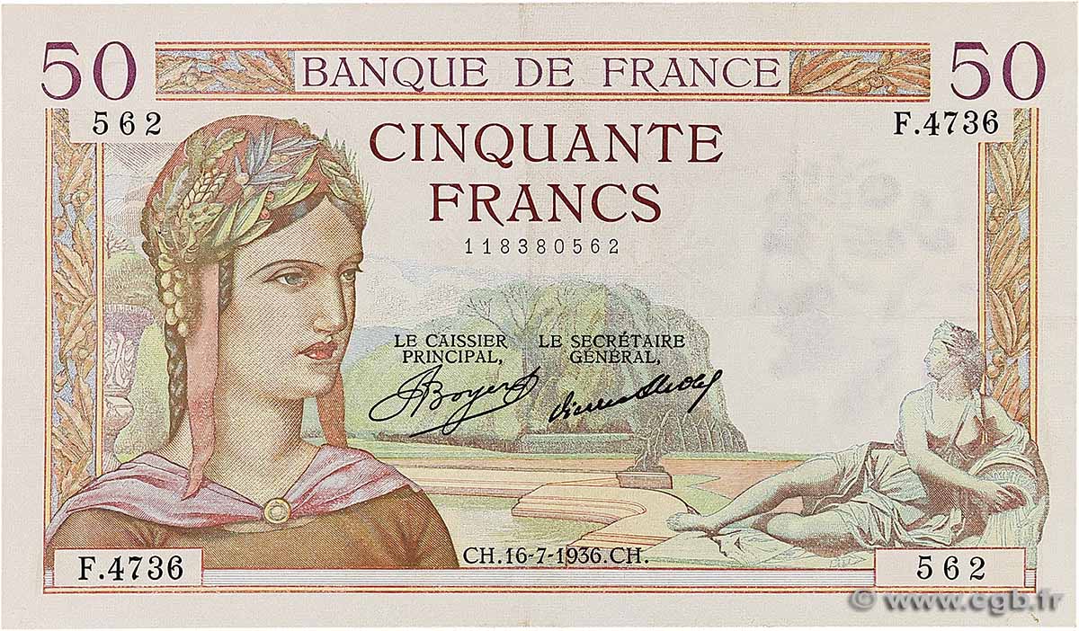 50 Francs CÉRÈS FRANCE 1936 F.17.28 VF
