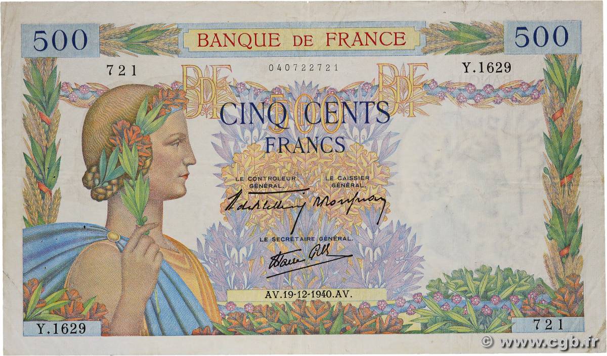 500 Francs LA PAIX FRANCE 1940 F.32.10 TB+