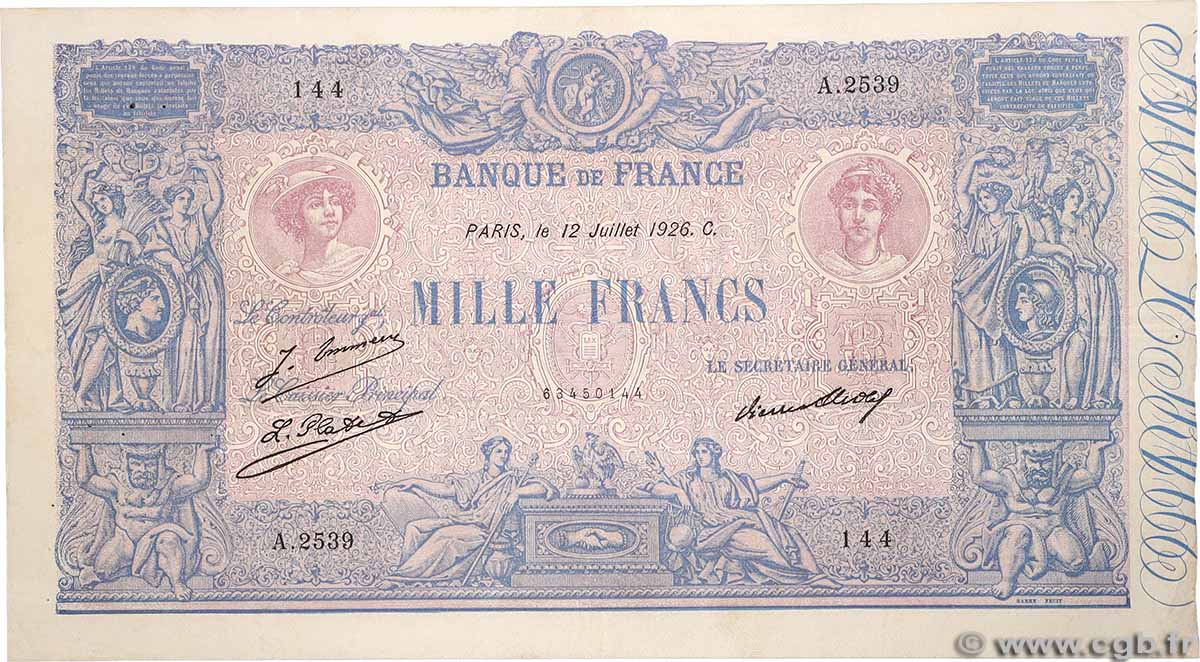 1000 Francs BLEU ET ROSE FRANCIA 1926 F.36.43 BB
