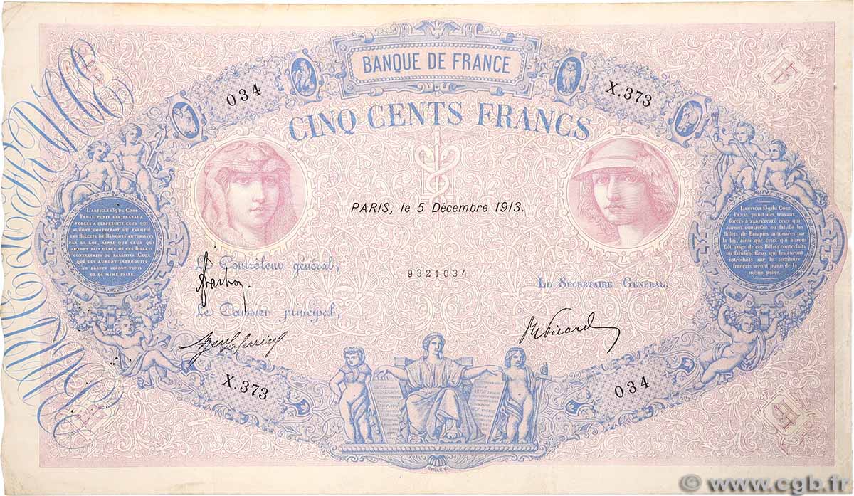 500 Francs BLEU ET ROSE FRANCIA 1913 F.30.21 MB