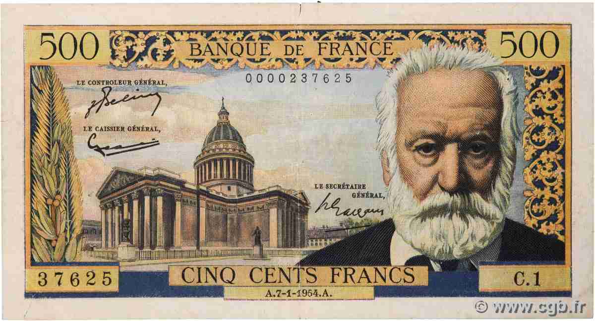 500 Francs VICTOR HUGO Petit numéro FRANCE 1954 F.35.01 B+