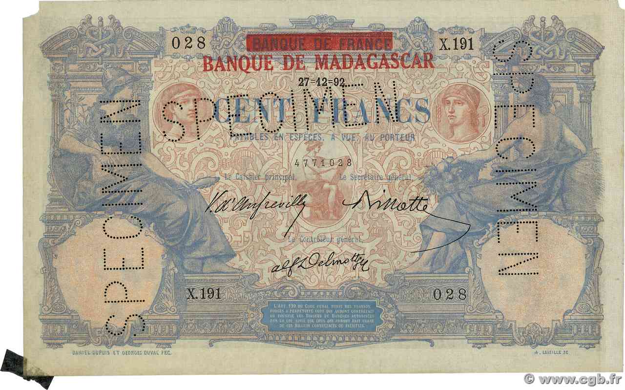100 Francs Spécimen MADAGASCAR 1892 P.034s q.SPL