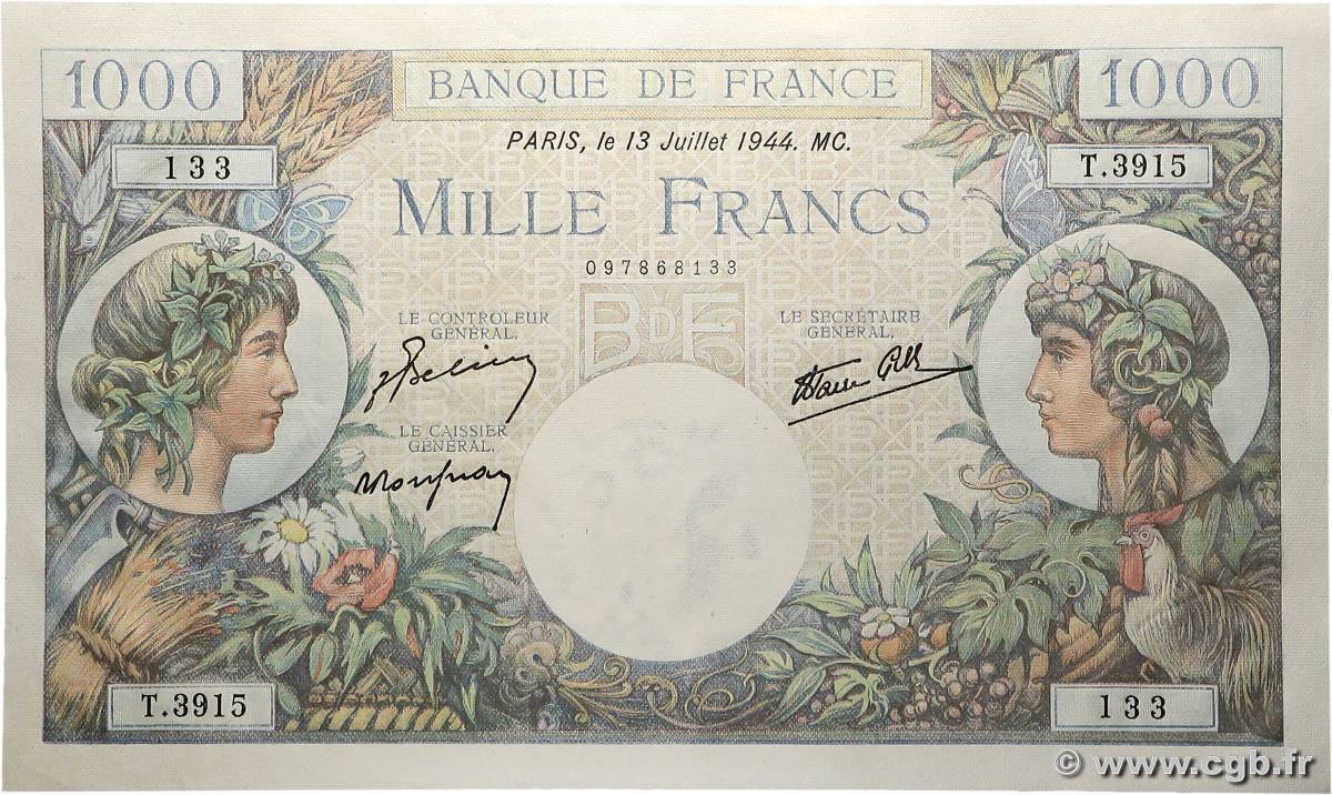1000 Francs COMMERCE ET INDUSTRIE FRANCE 1944 F.39.11 UNC-