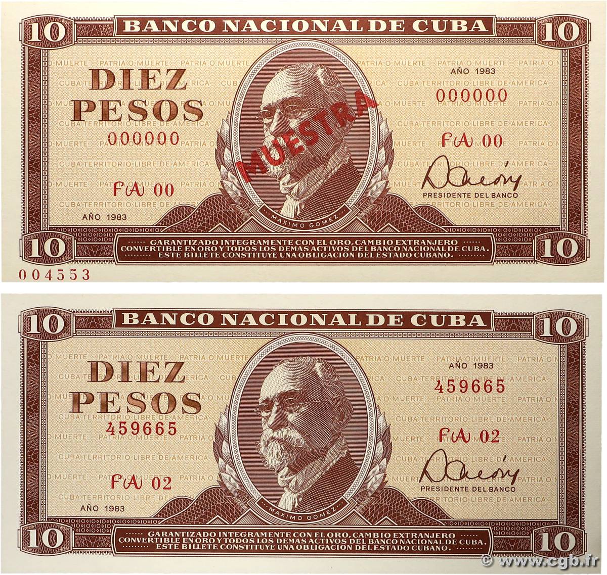 10 Pesos Lot CUBA 1983 P.104cs et P.104c UNC-