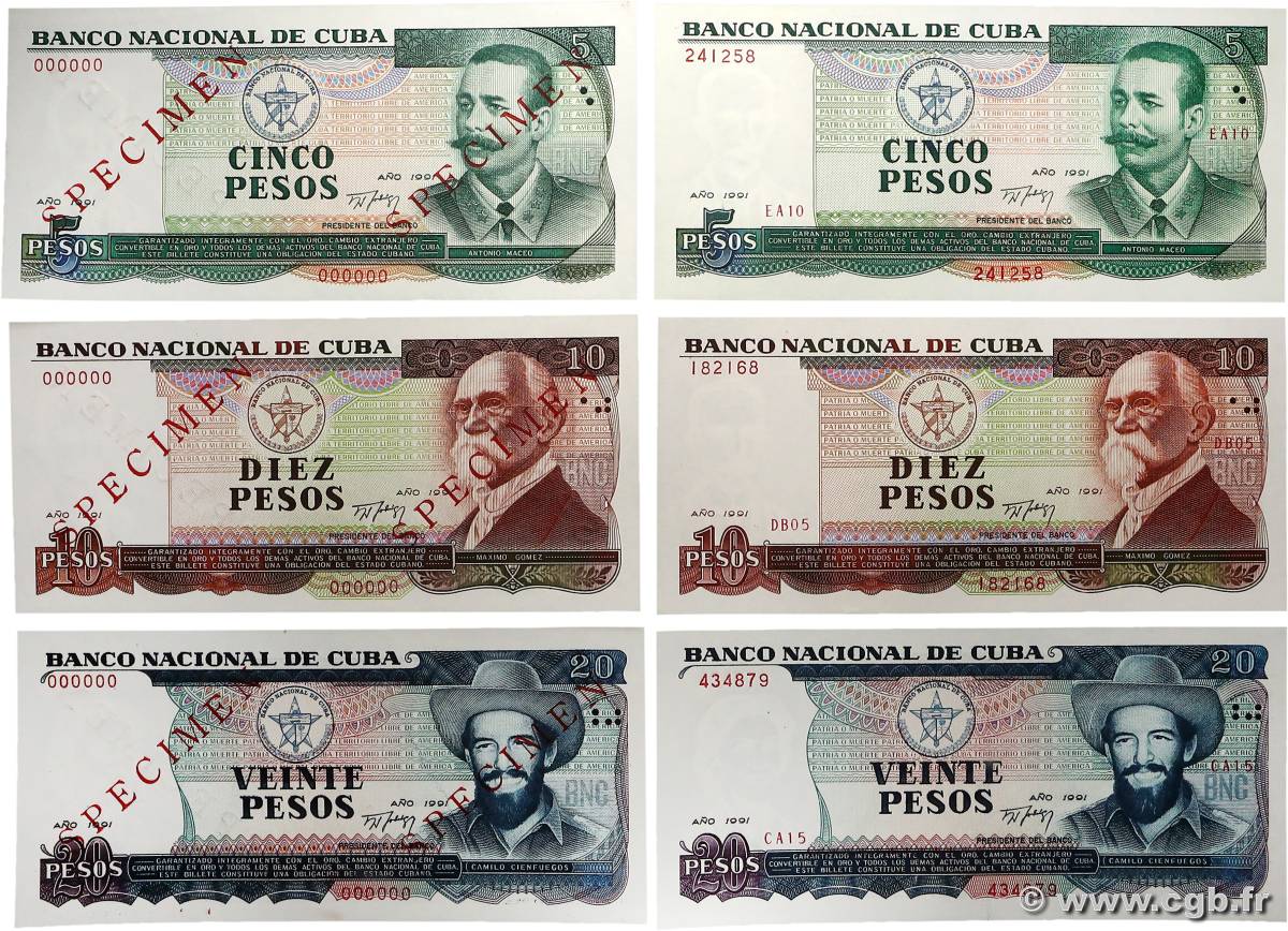 5, 10, 20 Pesos Spécimen CUBA 1991 P.108s au P.110s et P.108a au P.110a pr.NEUF
