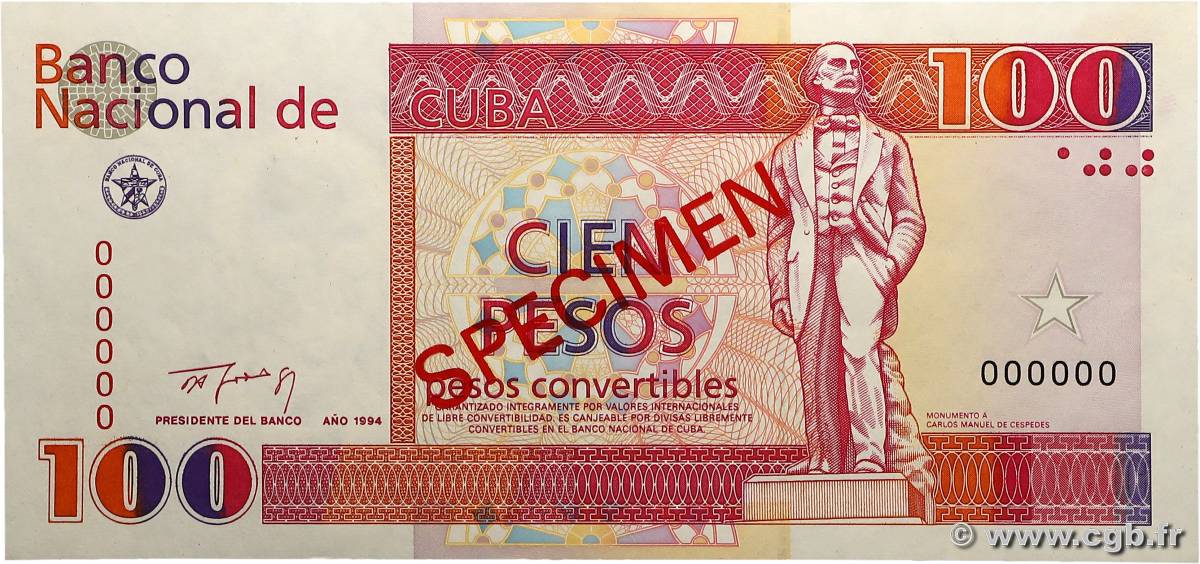 100 Pesos convertibles Spécimen CUBA 1994 P.FX43s UNC