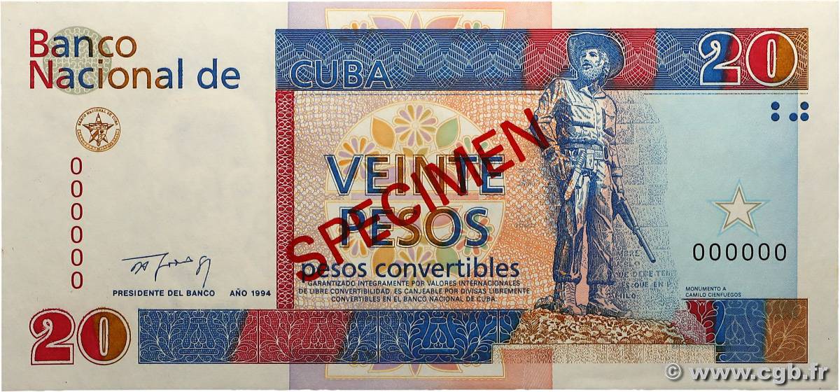 20 Pesos convertibles Spécimen CUBA 1994 P.FX41s pr.NEUF