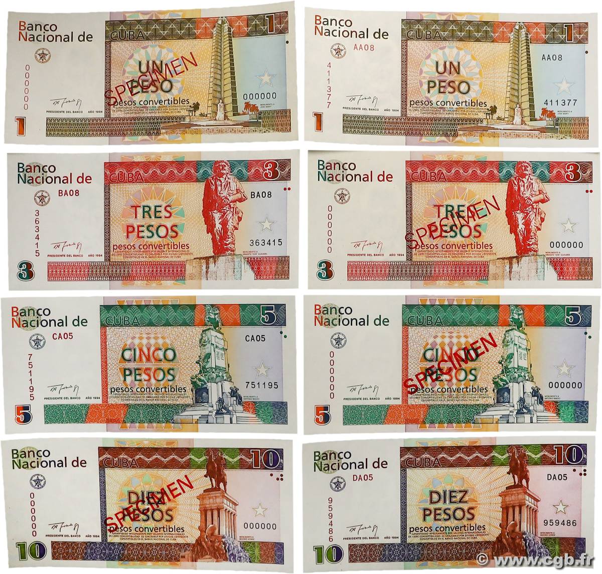 1 au 10 Pesos convertibles Lot CUBA 1994 P.FX37s au P.FX40s et P.FX37 au P.FX40 NEUF