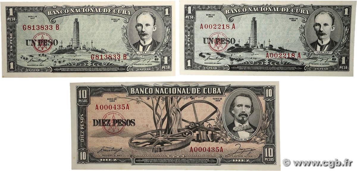 1 et 10 Pesos Lot CUBA 1956 P.087a/b et P.088a UNC-