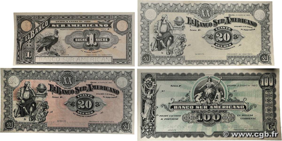 1, 20 et 100 Sucres Lot ÉQUATEUR  1920 PS.251, PS.253a/b et PS.254 SPL