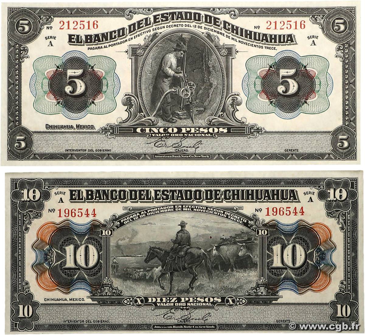 5 et 10 Pesos Lot MEXIQUE  1917 PS.0132a et PS.0133a SUP