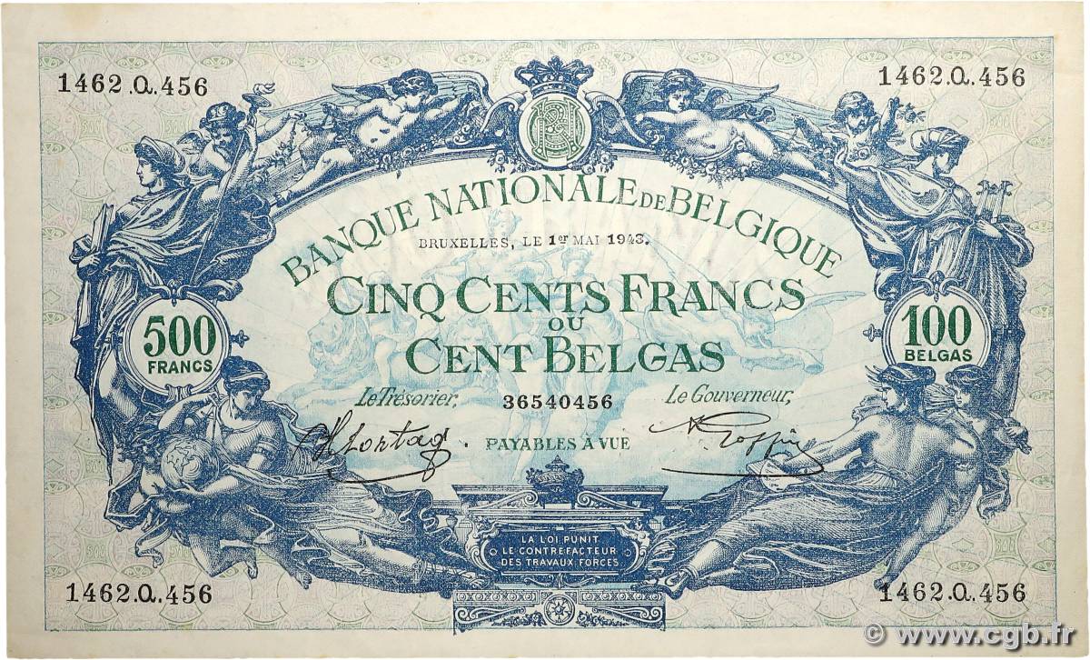 500 Francs - 100 Belgas BELGIUM  1943 P.109 XF