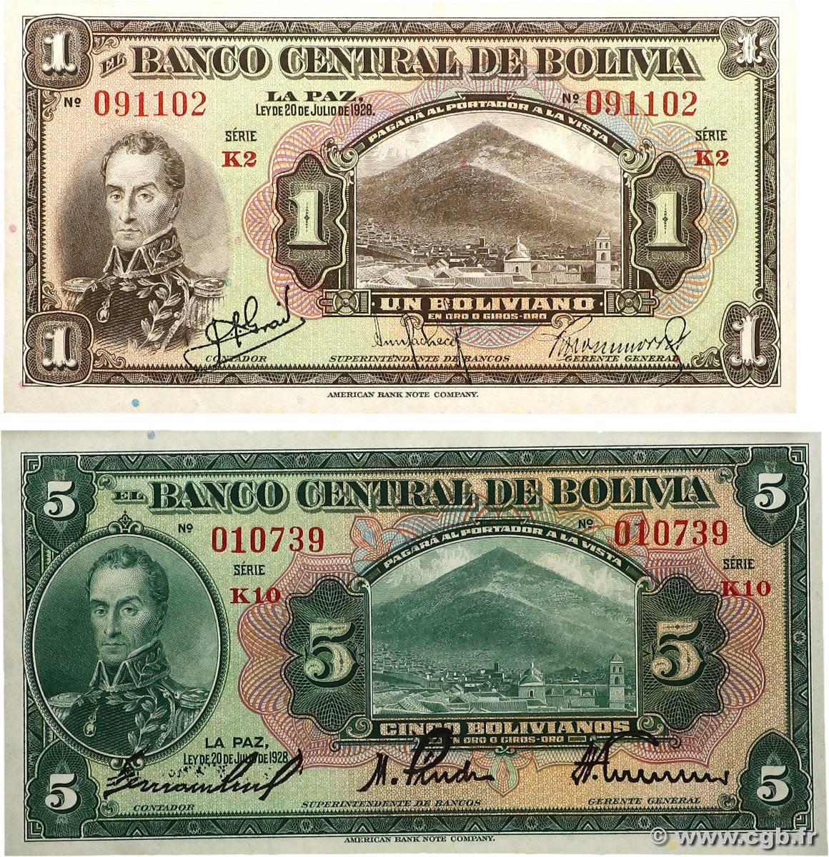 1 et 5 Bolivianos Lot BOLIVIE 1928 P.118a et P.120a pr.NEUF