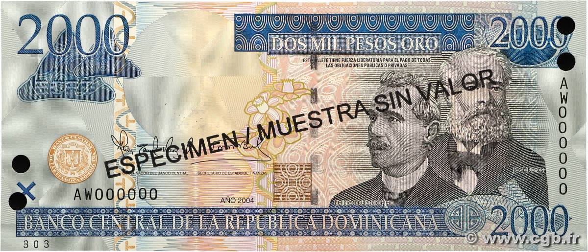 2000 Pesos Oro Spécimen RÉPUBLIQUE DOMINICAINE  2004 P.174cs4 SPL+