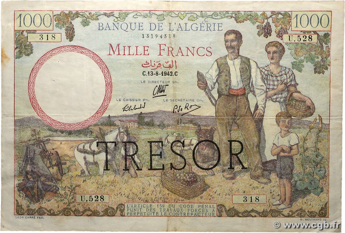 1000 Francs ALGÉRIE FRANCE  1943 VF.10.02 pr.TTB