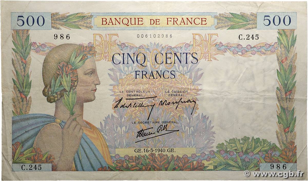500 Francs LA PAIX FRANCE 1940 F.32.02 TB