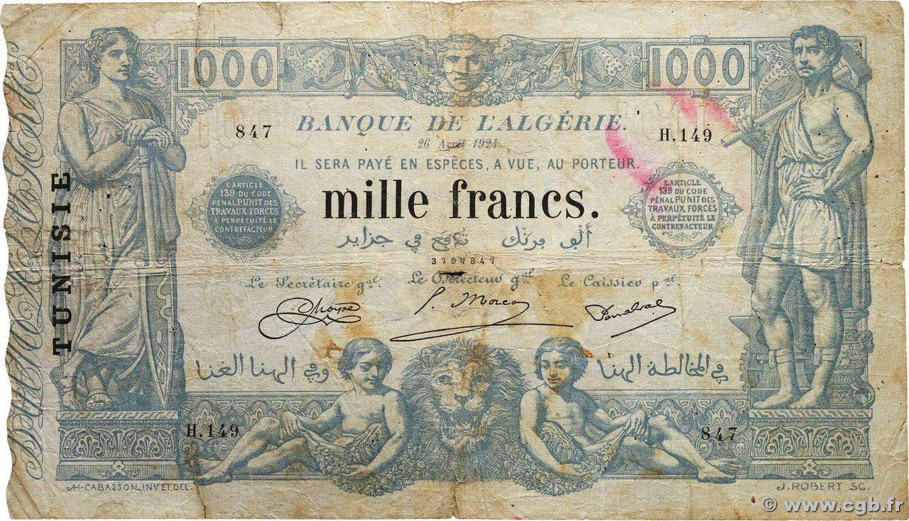 1000 Francs TUNISIE 1924 P.07b B