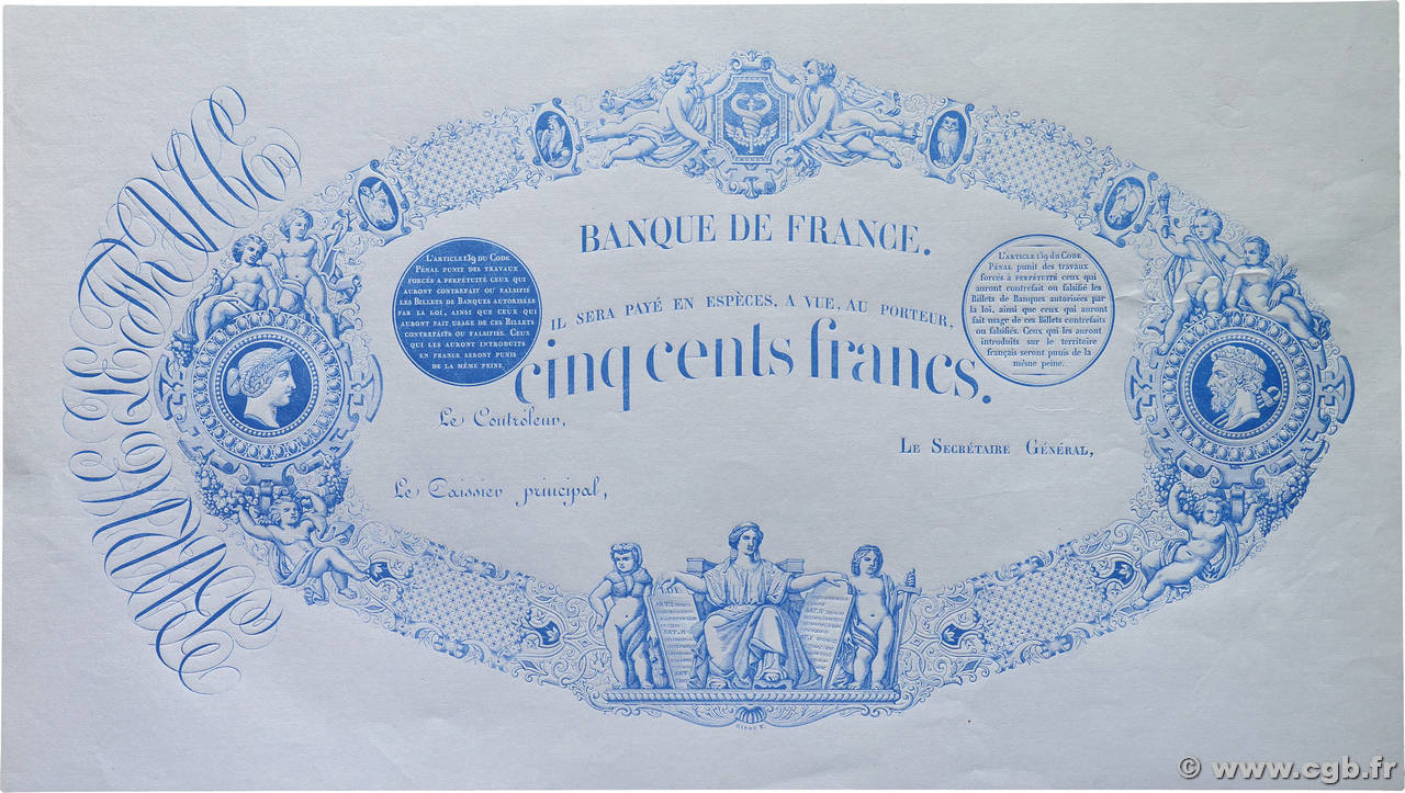 500 Francs type 1863 - Bleu à indices Noirs Épreuve FRANCE 1882 F.A40.00Ec NEUF