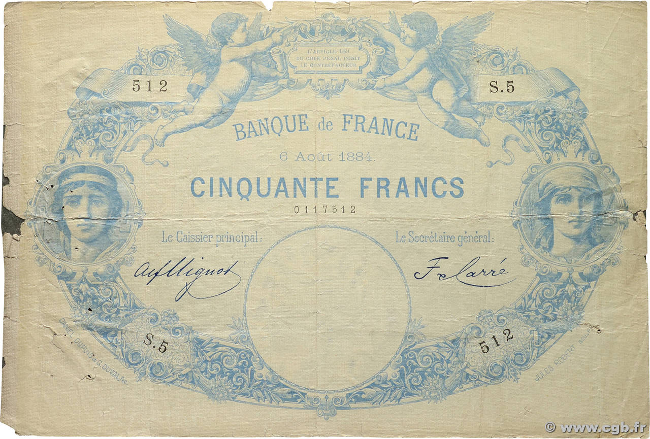 50 Francs type 1884 - À filigrane dégagé FRANCE 1884 F.A47.01 TB