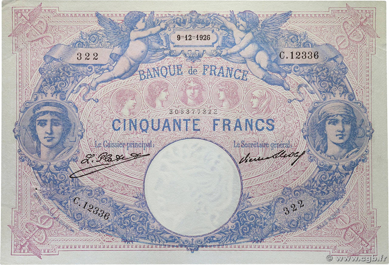 50 Francs BLEU ET ROSE FRANCE 1926 F.14.39 SUP+