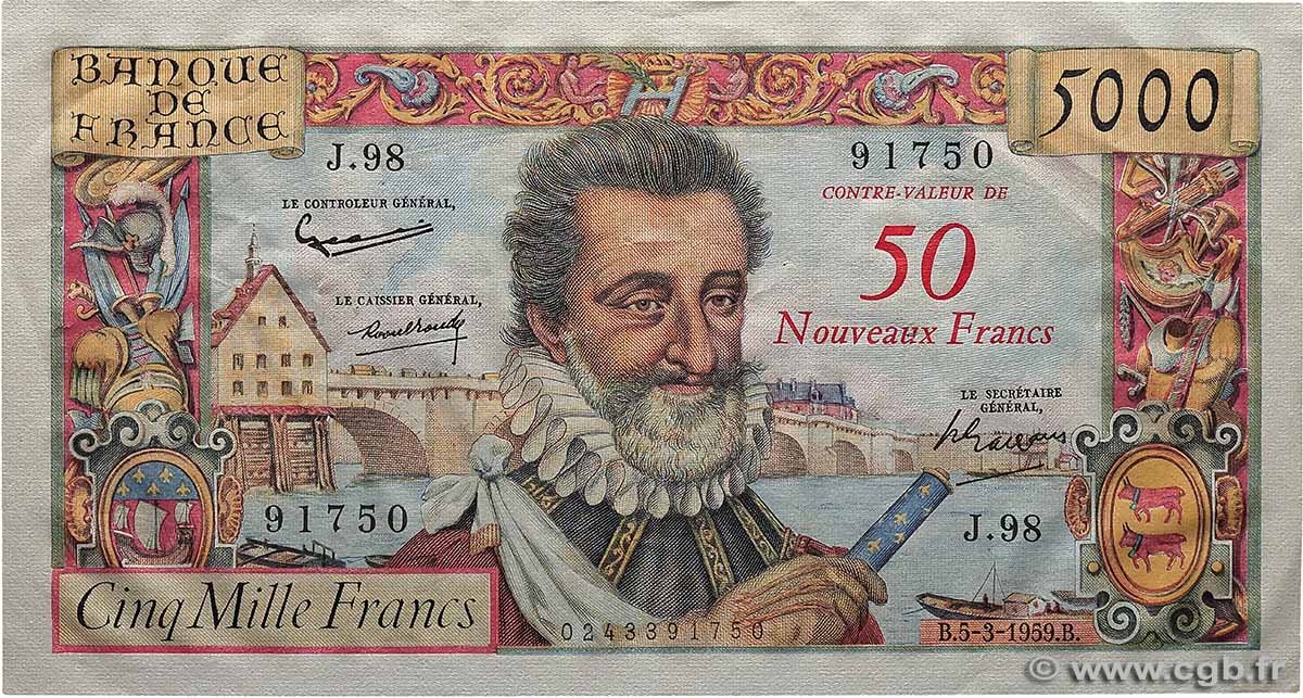 50 NF sur 5000 Francs HENRI IV FRANKREICH 1959 F.54.02 fVZ