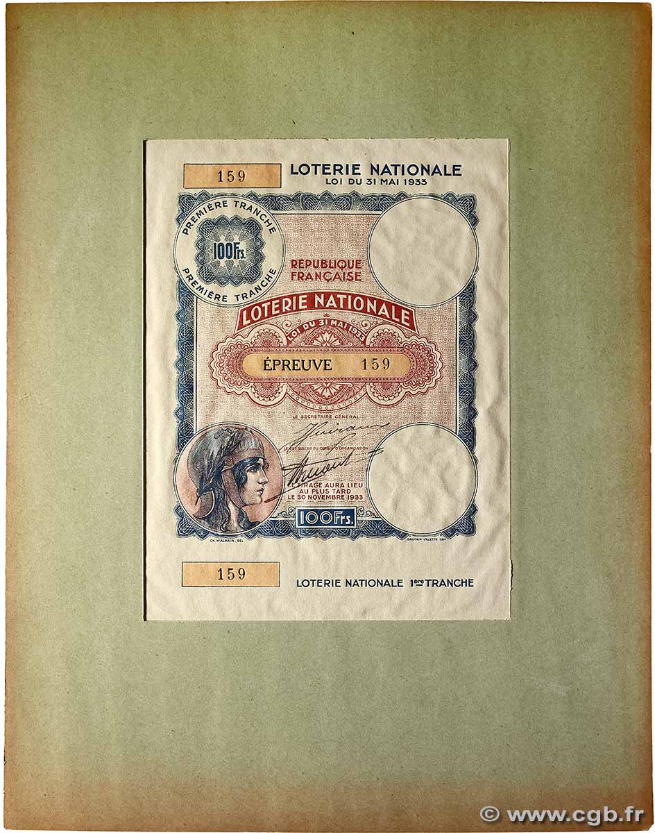 100 Francs Loterie Épreuve FRANCE régionalisme et divers  1933  NEUF