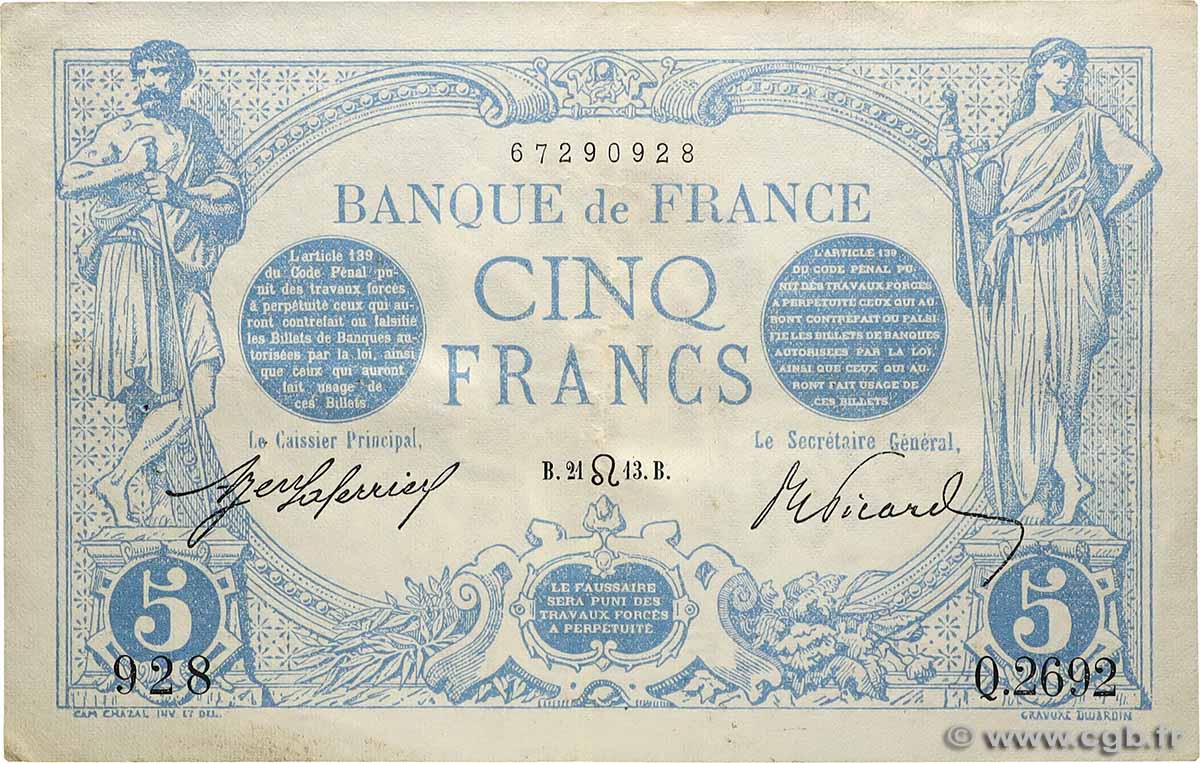 5 Francs BLEU FRANKREICH 1913 F.02.19 fVZ