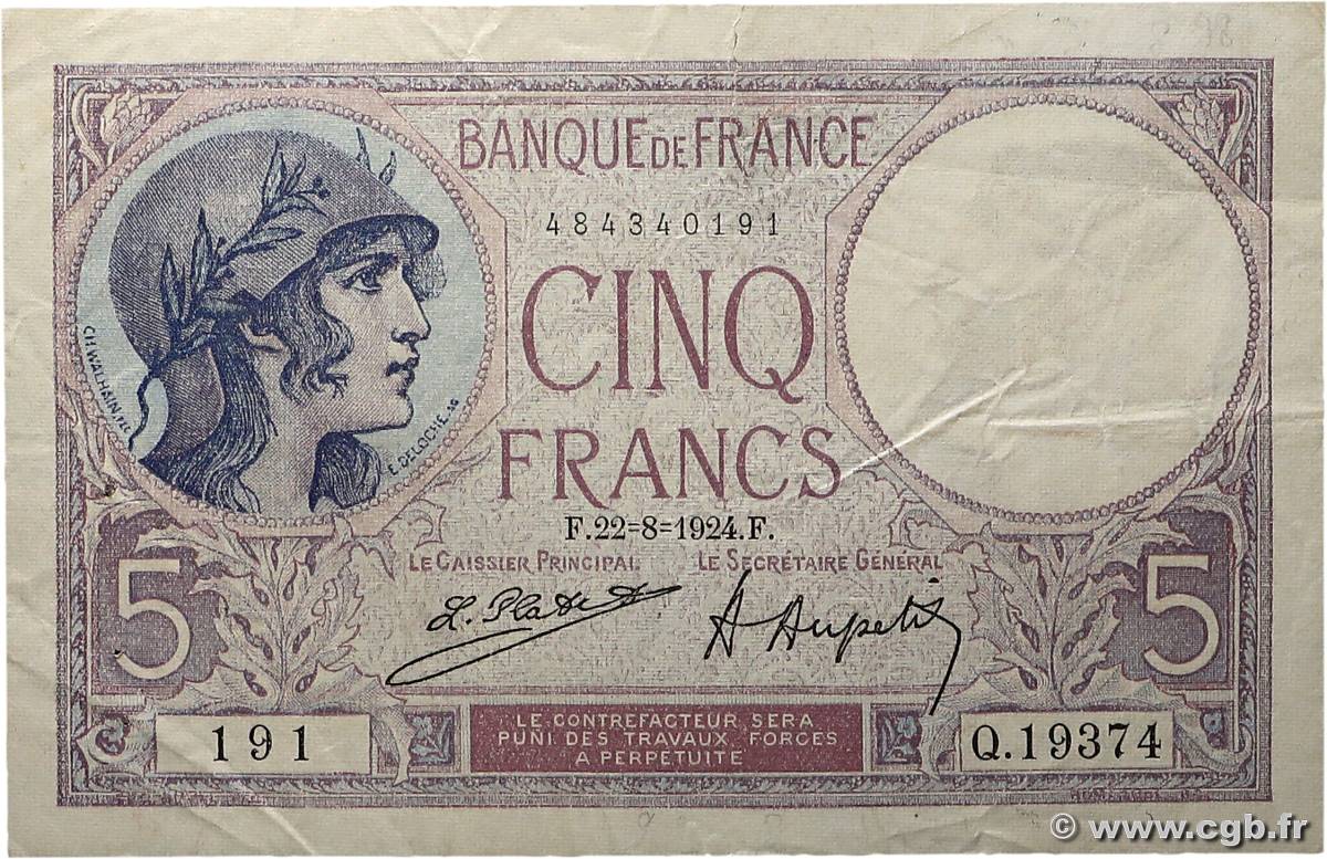 5 Francs FEMME CASQUÉE FRANCE 1924 F.03.08 TB