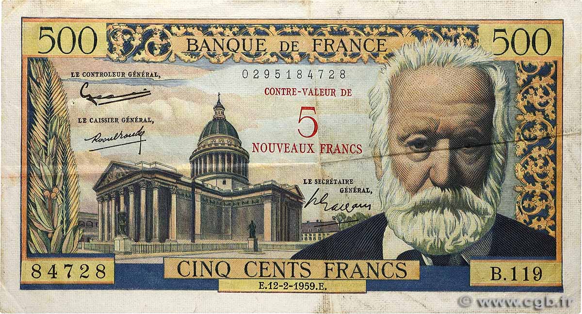 5 NF sur 500 Francs Victor HUGO FRANKREICH 1959 F.52.02 SS