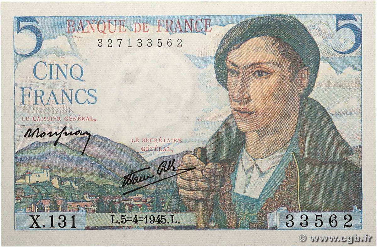 5 Francs BERGER FRANKREICH 1945 F.05.06 fST+
